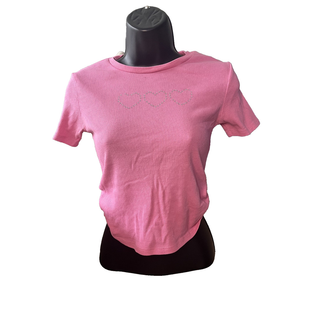 Women's Pink Velvet Size Medium Pink Cropped Rhinestone Design Y2K Tight Fit